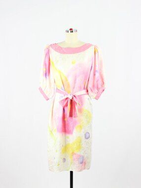 Vintage 80's FLORA KUNG Ivory Pink 100% Silk Belted Puff Sleeve Dress, Size 12